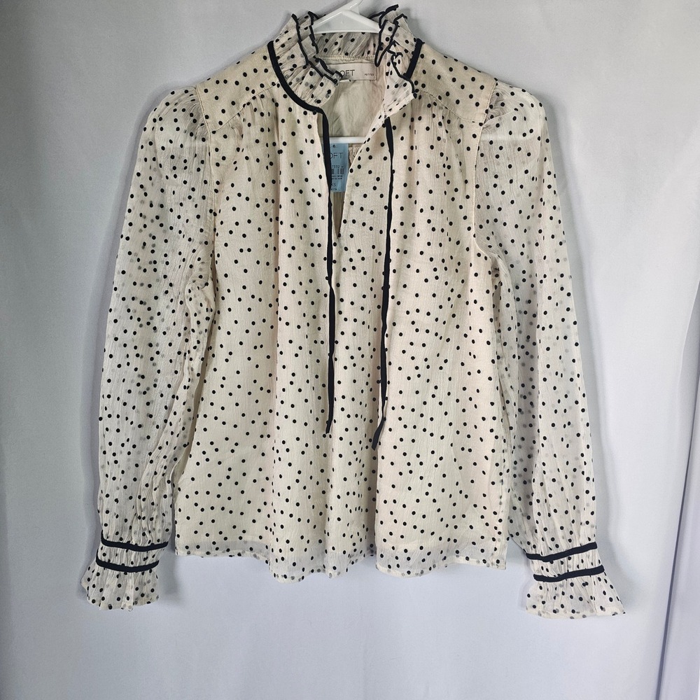 LOFT Petites Polka Dot Ruffle Neck Blouse Ivory Black Velvet Trim NWT XSP